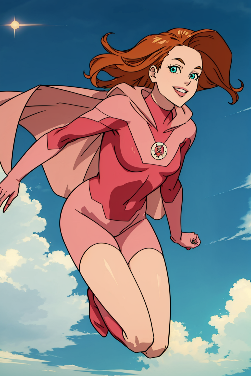 00013-3221487740-at a park, atom eve, cape, super hero suit, pink suit, sexy, floating, levitation, looking at viewer, smiling,.png